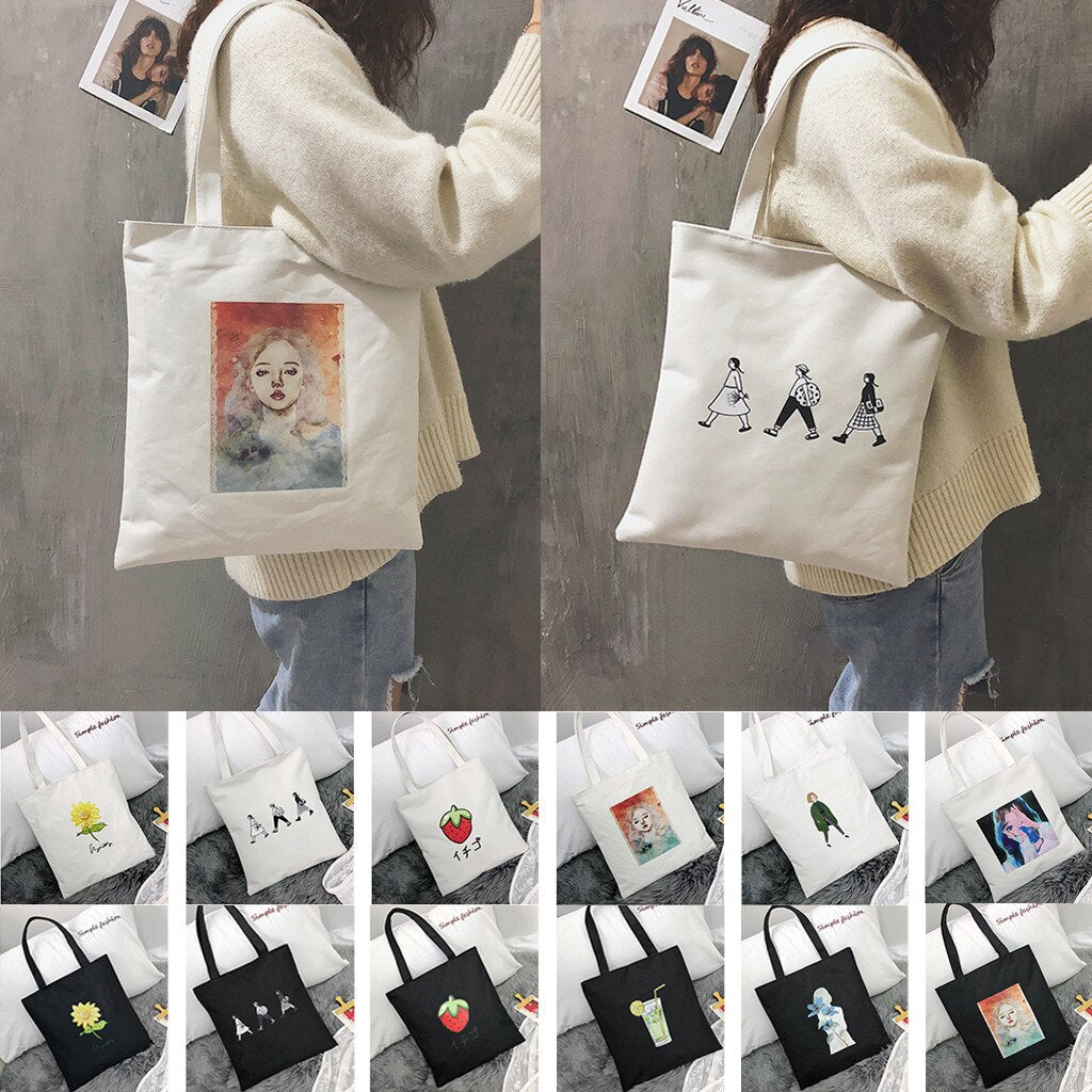 Reusable Shopping Bag Fashion Women Canvas Tote Bags Printing eco Bag Cartoon bolsa de compras Shopper Shoulder Bags #F