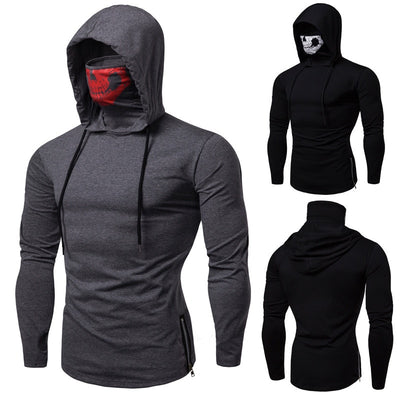 New men's stretch fitness men's ninja uniform hooded long-sleeved T-shirt call of duty skull mask high-quality long-sleeved