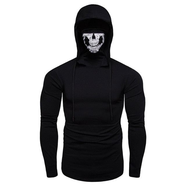 New men's stretch fitness men's ninja uniform hooded long-sleeved T-shirt call of duty skull mask high-quality long-sleeved