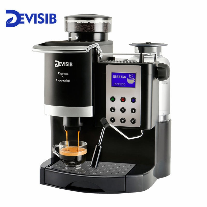 DEVISIB Professional All-in-One Espresso Coffee Machine Americano Maker with Bean Grinder and Milk Frother Become Barista Easily