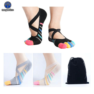 yoga socks with toes low cut sport socks women Cross Straps striped Non Slip Grips Anti Skid pilates socks Ballet Barre dance