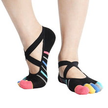 Load image into Gallery viewer, yoga socks with toes low cut sport socks women Cross Straps striped Non Slip Grips Anti Skid pilates socks Ballet Barre dance