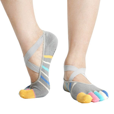 yoga socks with toes low cut sport socks women Cross Straps striped Non Slip Grips Anti Skid pilates socks Ballet Barre dance