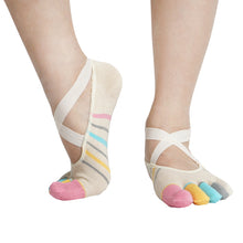 Load image into Gallery viewer, yoga socks with toes low cut sport socks women Cross Straps striped Non Slip Grips Anti Skid pilates socks Ballet Barre dance