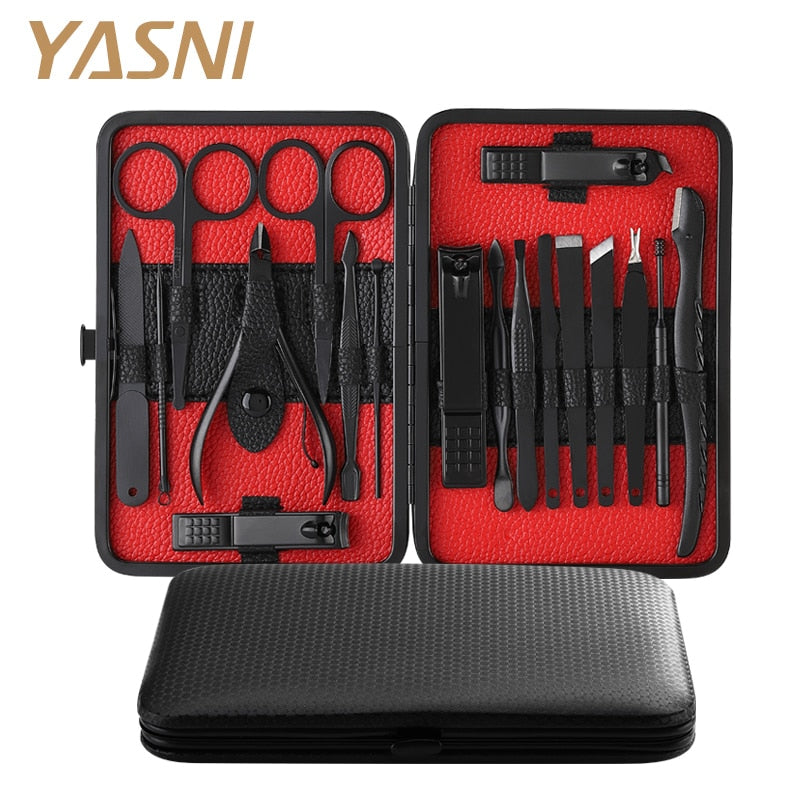 Manicure Set Nail Clippers Kit Pedicure Care Tools Black Men Grooming Kit 18Pcs With Black PU Leather Case for Travel Home NT133