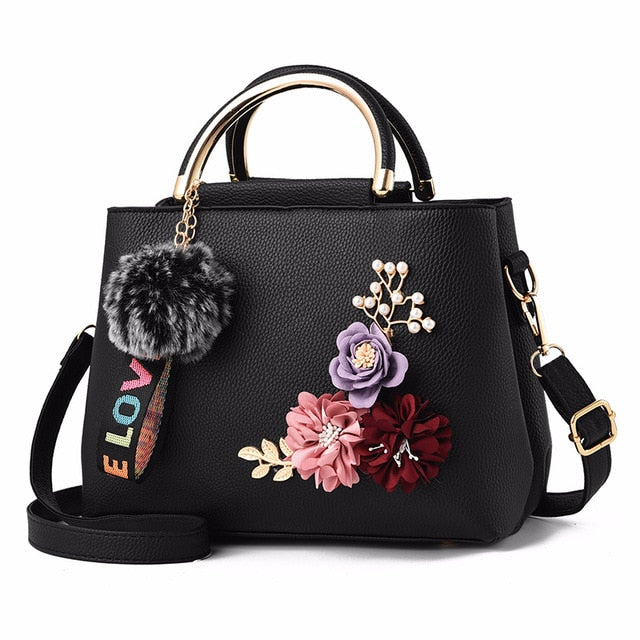 Women Bag Leather Handbag Women Shoulder Bag Tote Flowers Shell Sac A Main Femme Rivets Fur Ball Pendant Luxury Designer Ladies