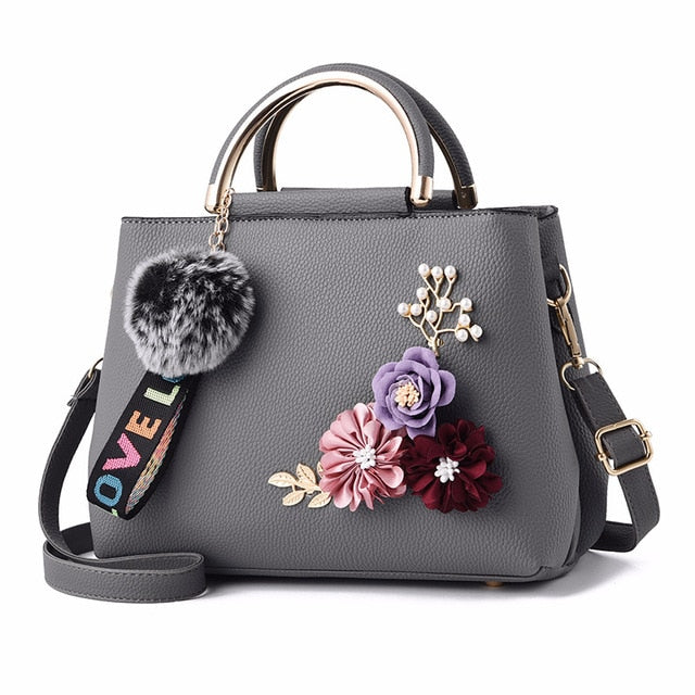 Women Bag Leather Handbag Women Shoulder Bag Tote Flowers Shell Sac A Main Femme Rivets Fur Ball Pendant Luxury Designer Ladies