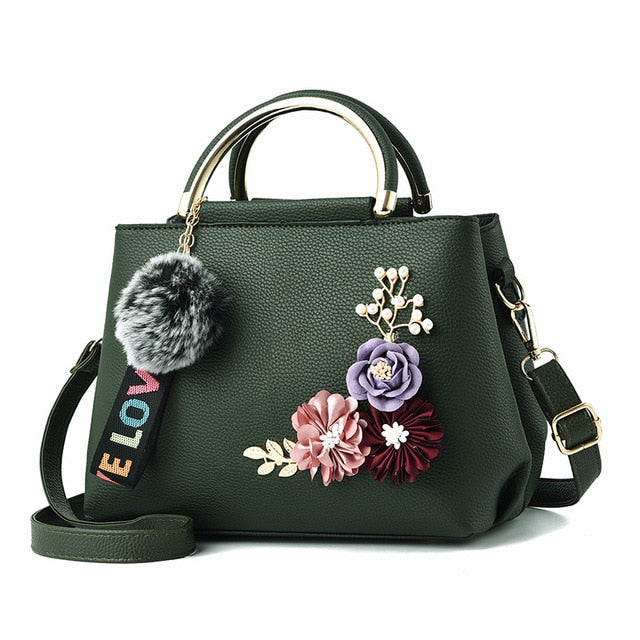 Women Bag Leather Handbag Women Shoulder Bag Tote Flowers Shell Sac A Main Femme Rivets Fur Ball Pendant Luxury Designer Ladies