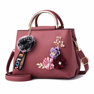 Women Bag Leather Handbag Women Shoulder Bag Tote Flowers Shell Sac A Main Femme Rivets Fur Ball Pendant Luxury Designer Ladies