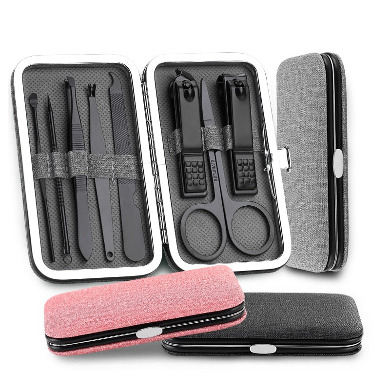 Stainless Steel Black Nail Clippers Manicure Tool Portable Pedicure Sets With Button Lock For Man 8 Pieces