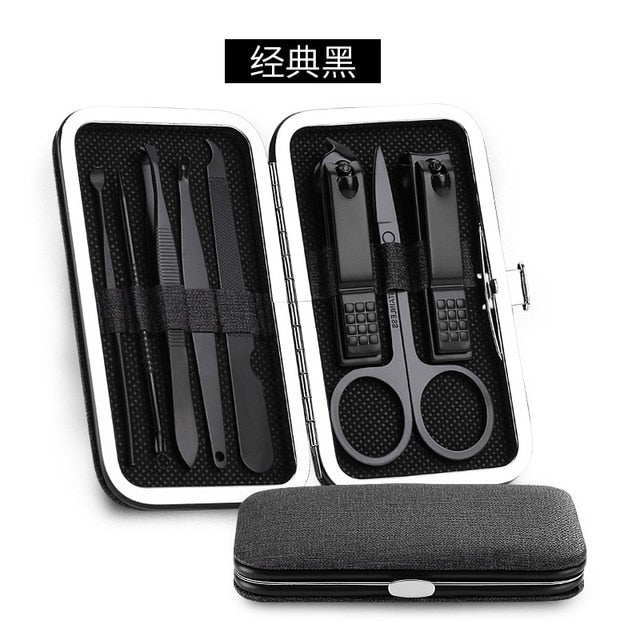 Stainless Steel Black Nail Clippers Manicure Tool Portable Pedicure Sets With Button Lock For Man 8 Pieces