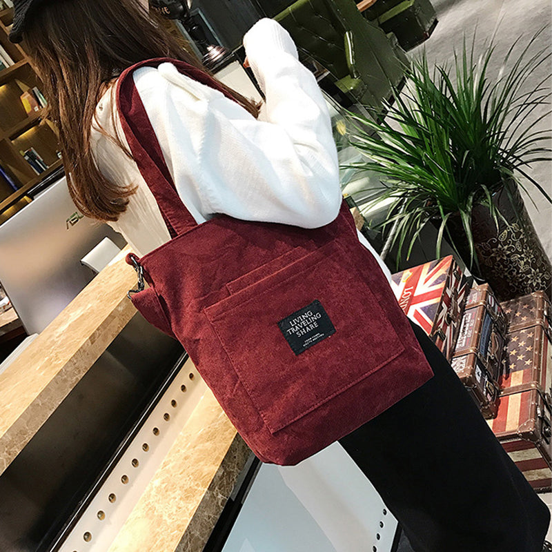 Women Corduroy Canvas Tote Ladies Casual Shoulder Bag Foldable Shopping Bags Beach Bag Cotton Cloth Female Handbag