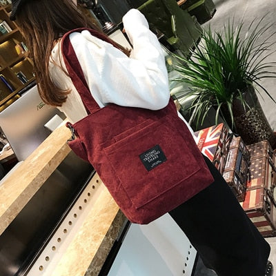 Women Corduroy Canvas Tote Ladies Casual Shoulder Bag Foldable Shopping Bags Beach Bag Cotton Cloth Female Handbag