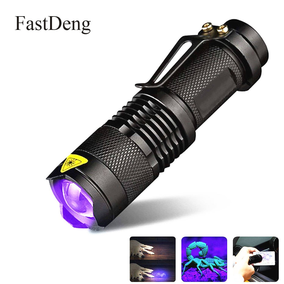 LED UV Flashlight Ultraviolet Torch With Zoom Function Mini UV Black Light Pet Urine Stains Detector Scorpion Hunting