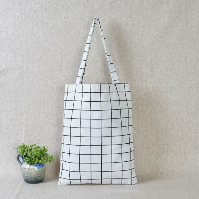 Women Casual Plaid  Linen Cotton Canvas Shopping Shoulder Bags Tote Bags Tote